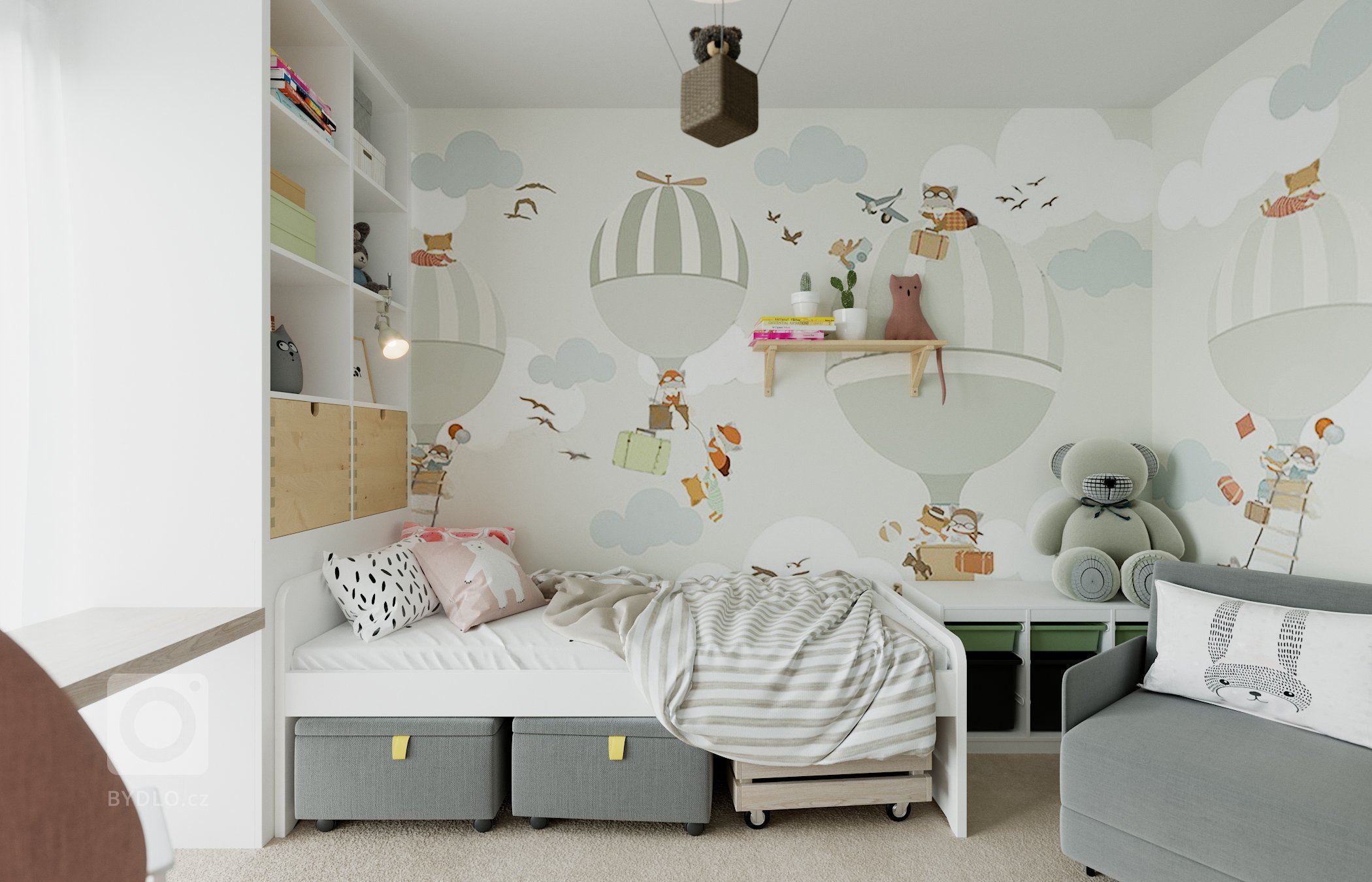 Architektonický návrh dětského pokojíčku pro čtyřletou holčičku.
