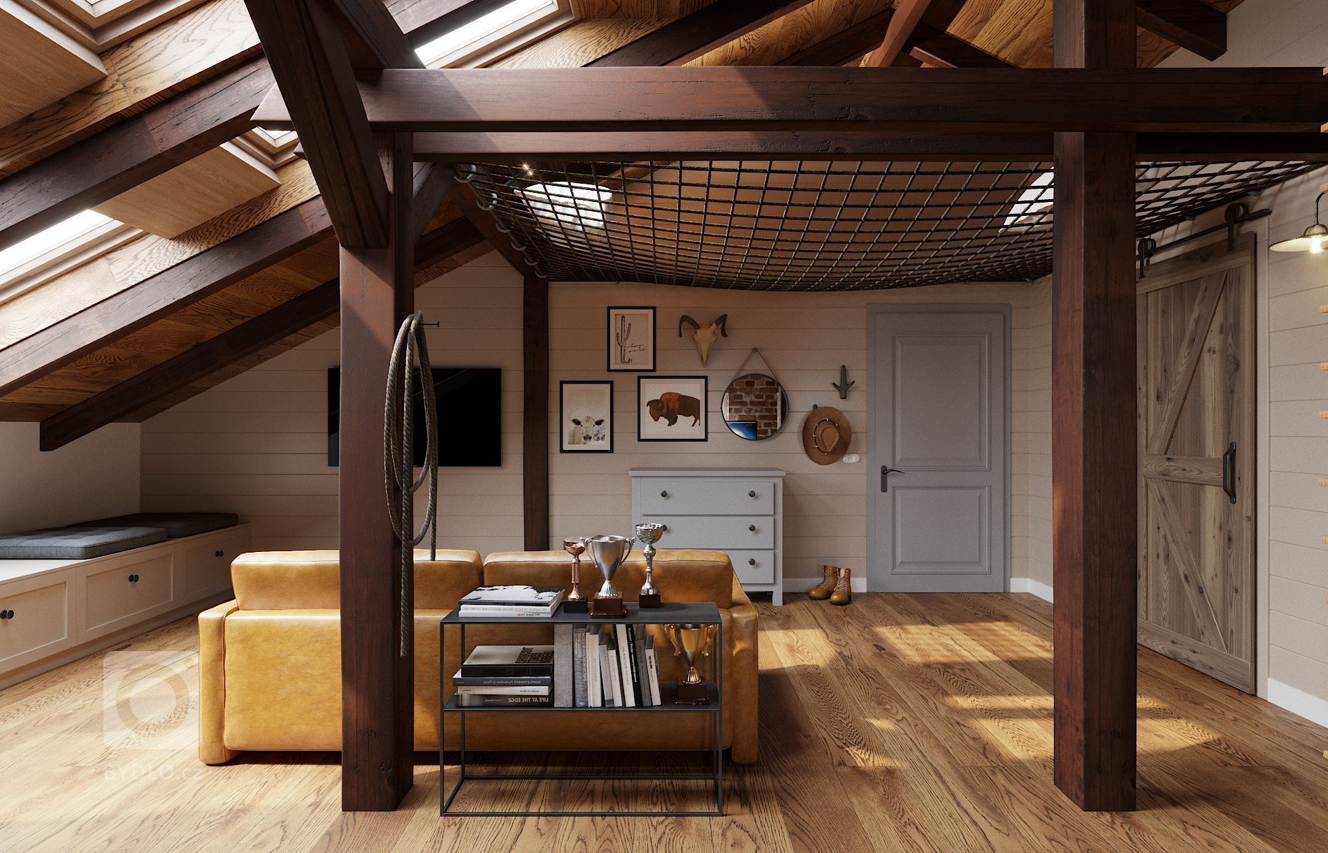 Architektonický návrh dětského pokoje s vlastní koupelnou.
