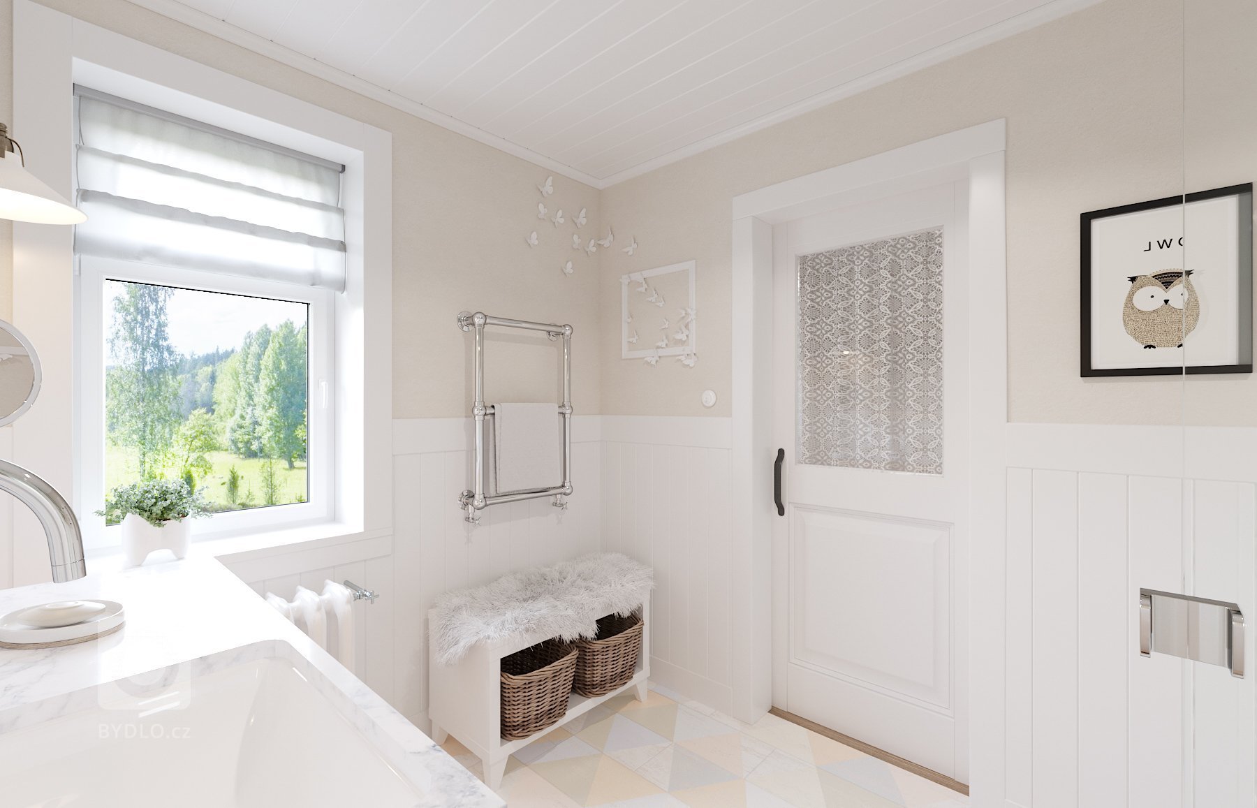 Architektonický návrh dětského pokoje s vlastní koupelnou.
