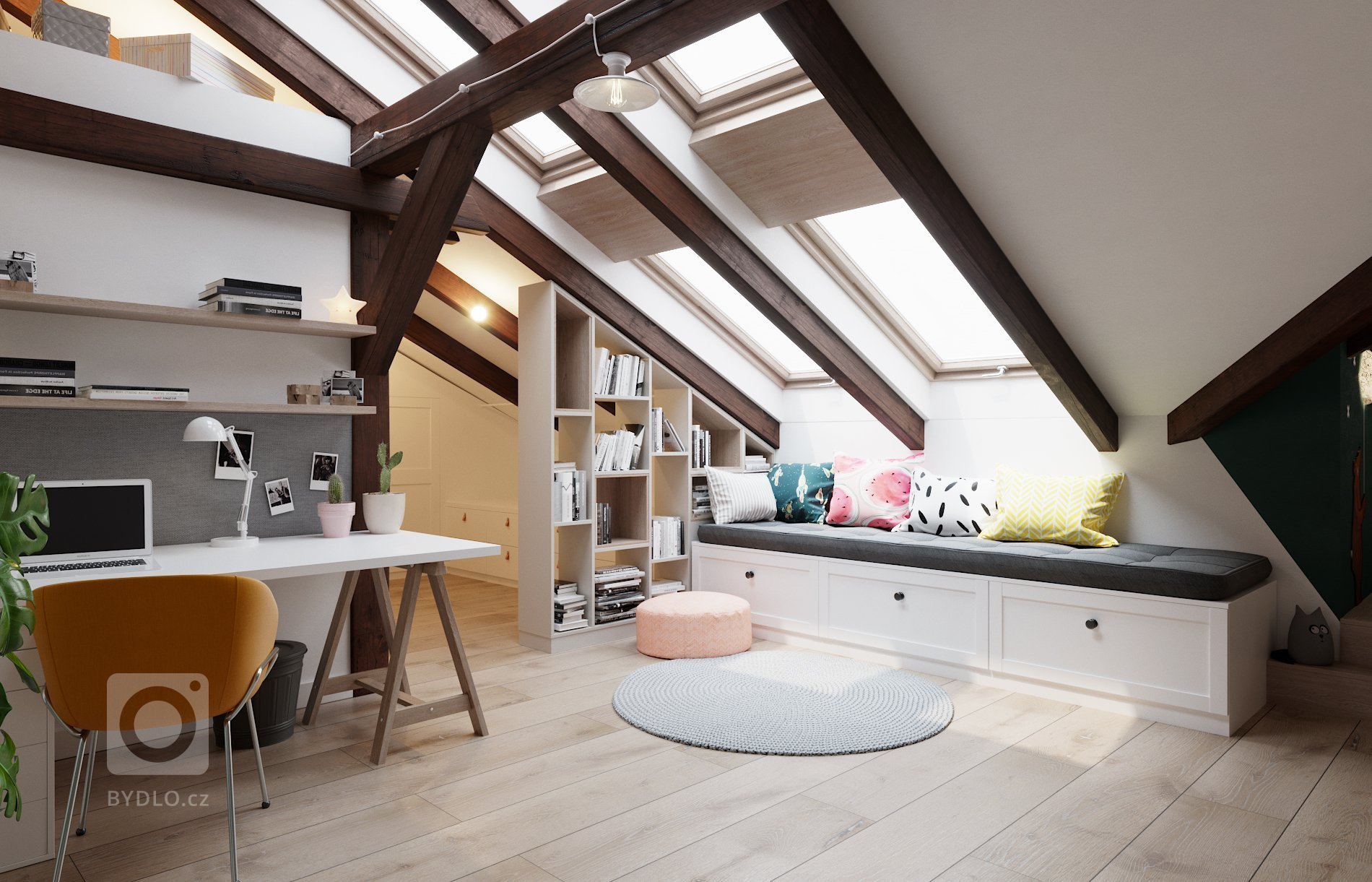 Architektonický návrh dětského pokoje s vlastní koupelnou.
