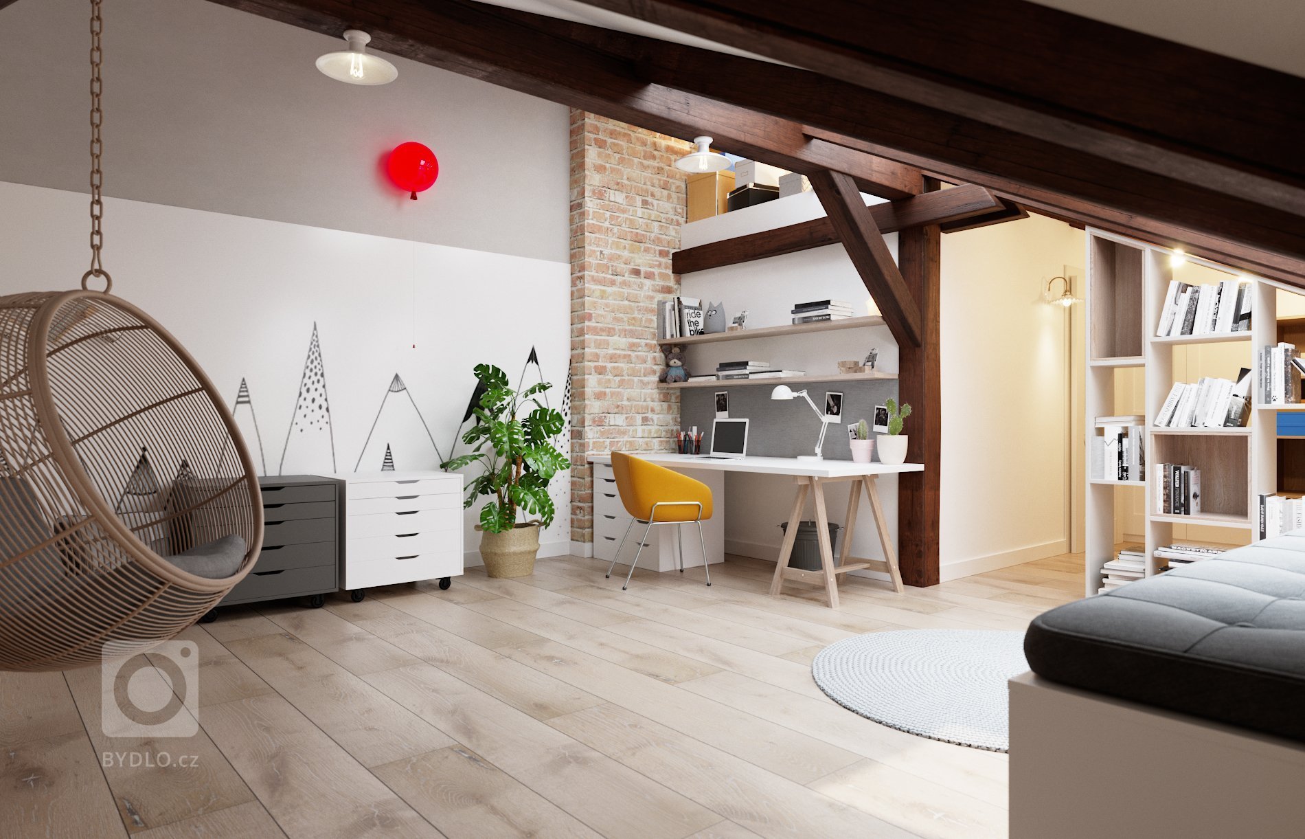 Architektonický návrh dětského pokoje s vlastní koupelnou.
