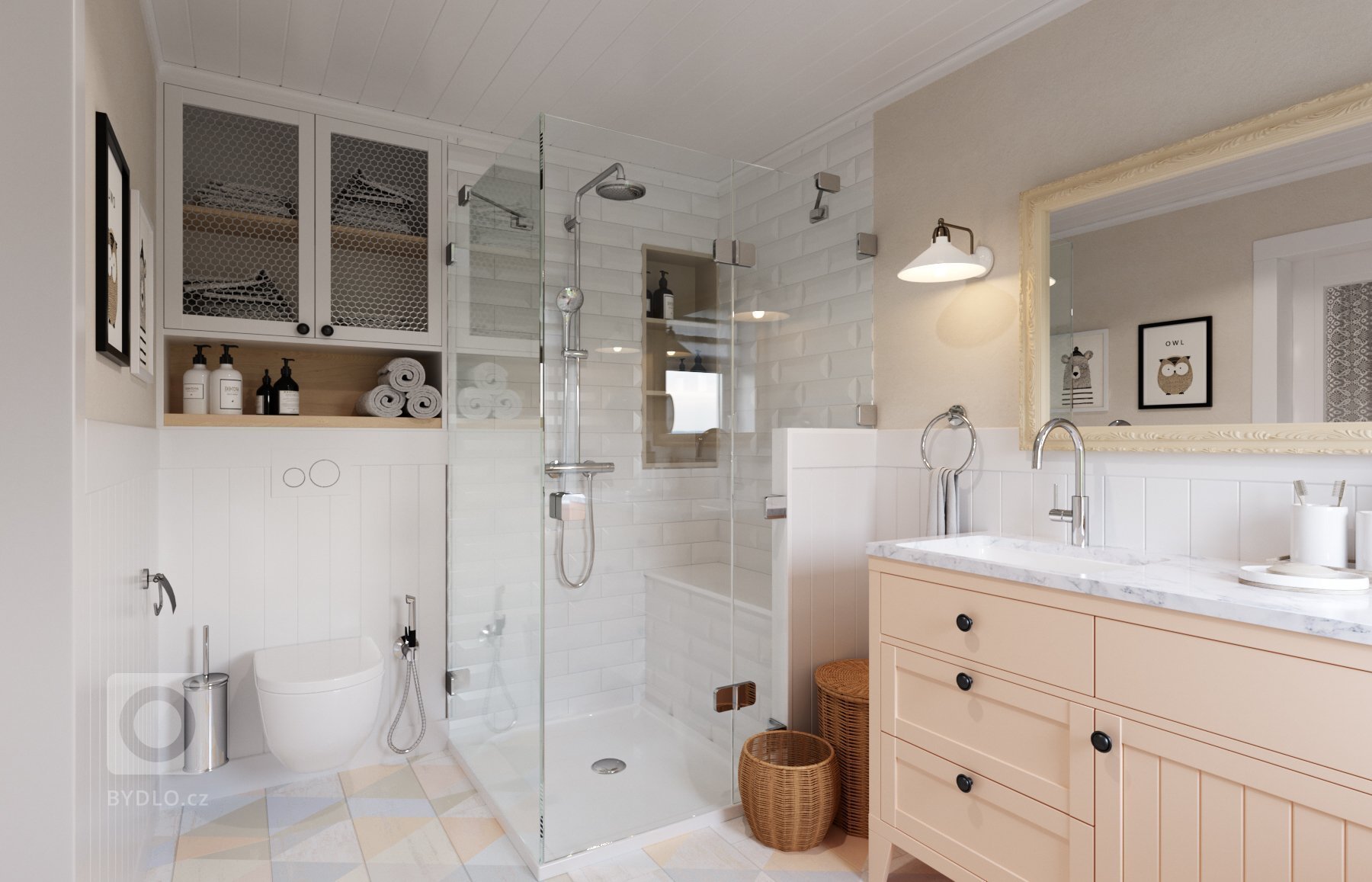 Architektonický návrh dětského pokoje s vlastní koupelnou.
