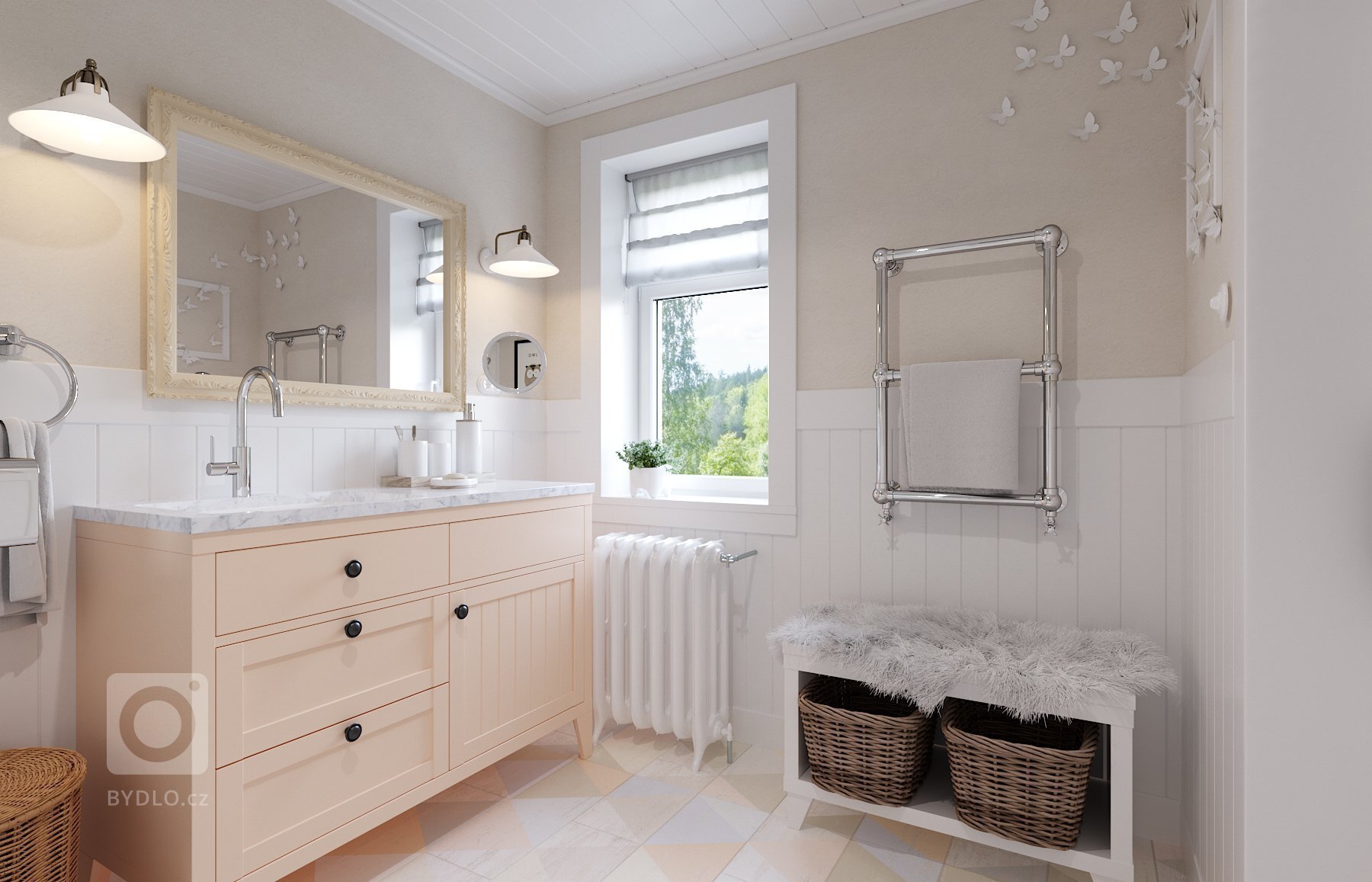 Architektonický návrh dětského pokoje s vlastní koupelnou.
