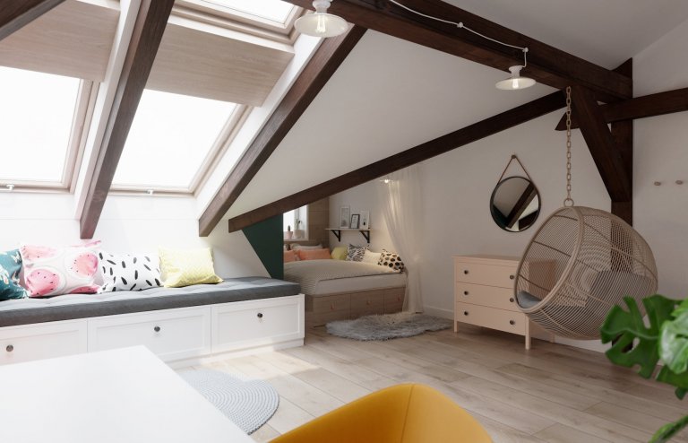 Architektonický návrh dětského pokoje s vlastní koupelnou.
