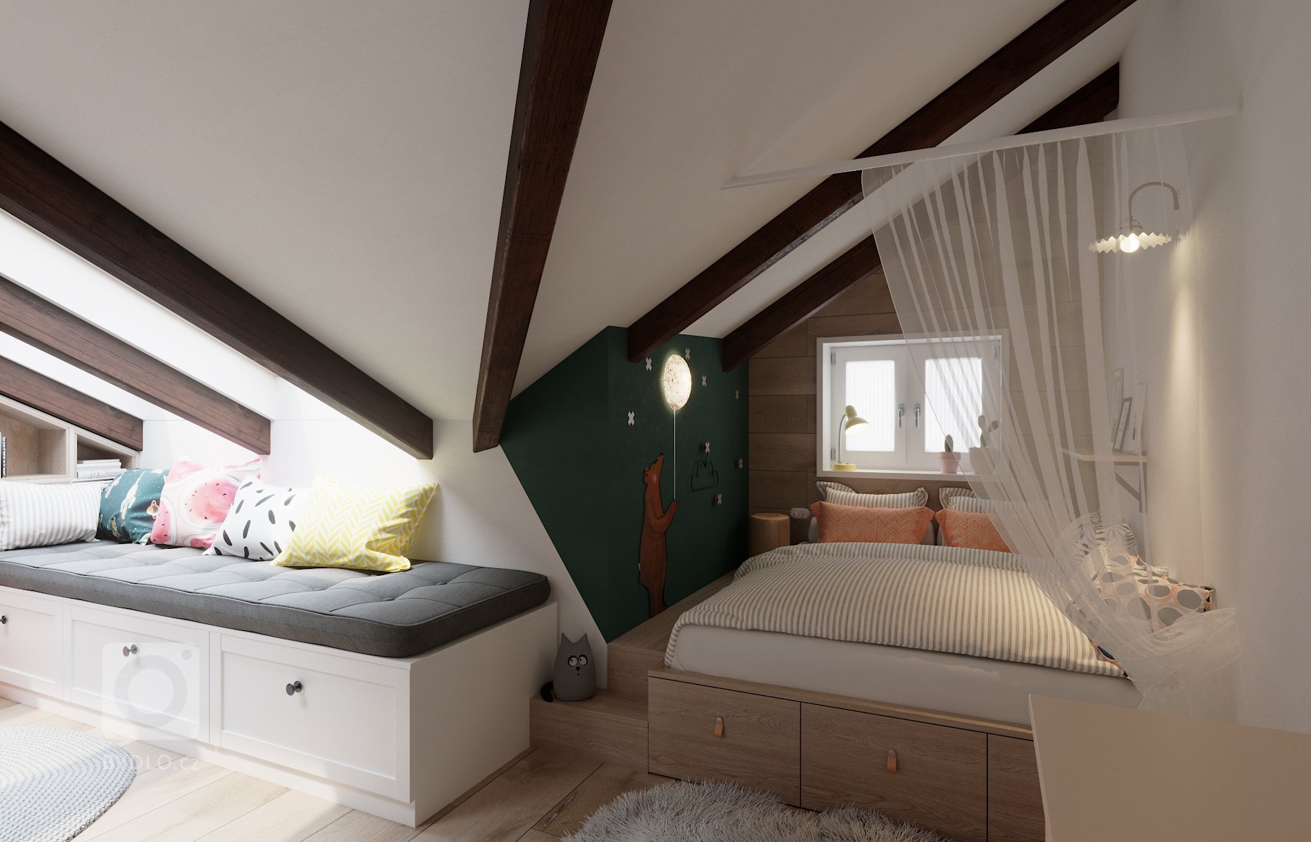 Architektonický návrh dětského pokoje s vlastní koupelnou.
