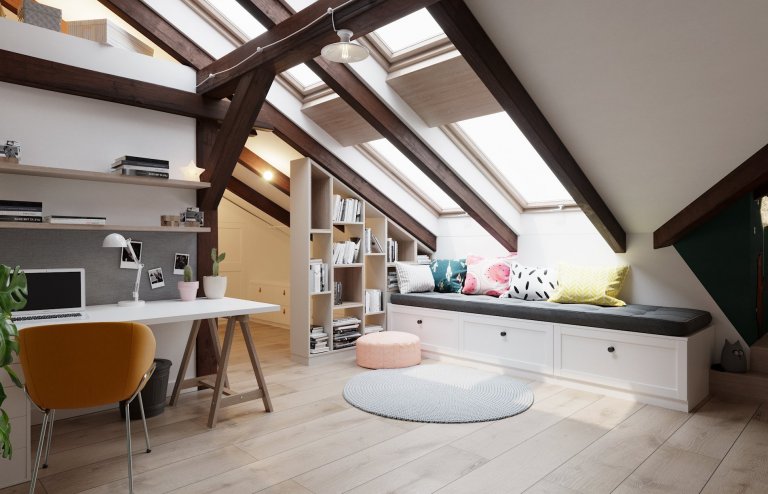 Architektonický návrh dětského pokoje s vlastní koupelnou.
