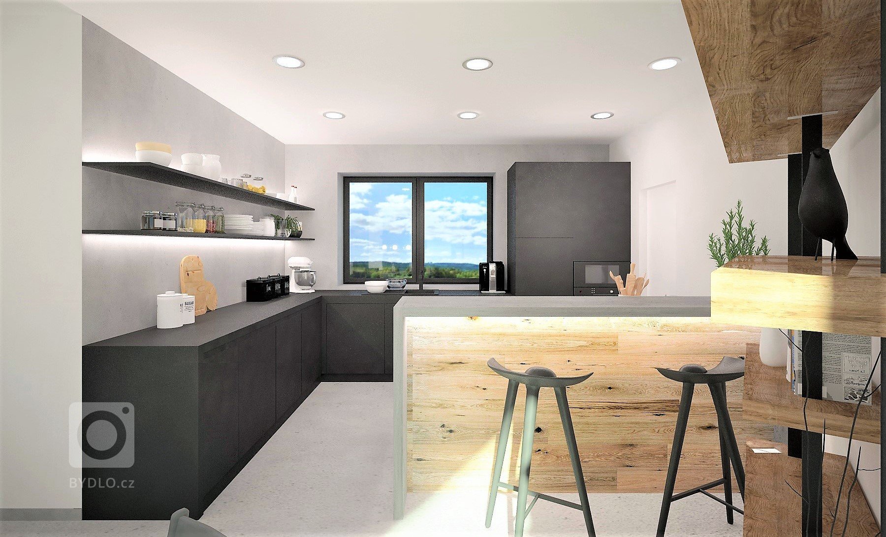 Inteirér je navržen v minimalistickém stylu, kde se skloubí tóny šedé a bílé. Na podlaze pro sjednocení a čistotu prostoru bude epoxidová stěrka, doplňkově…