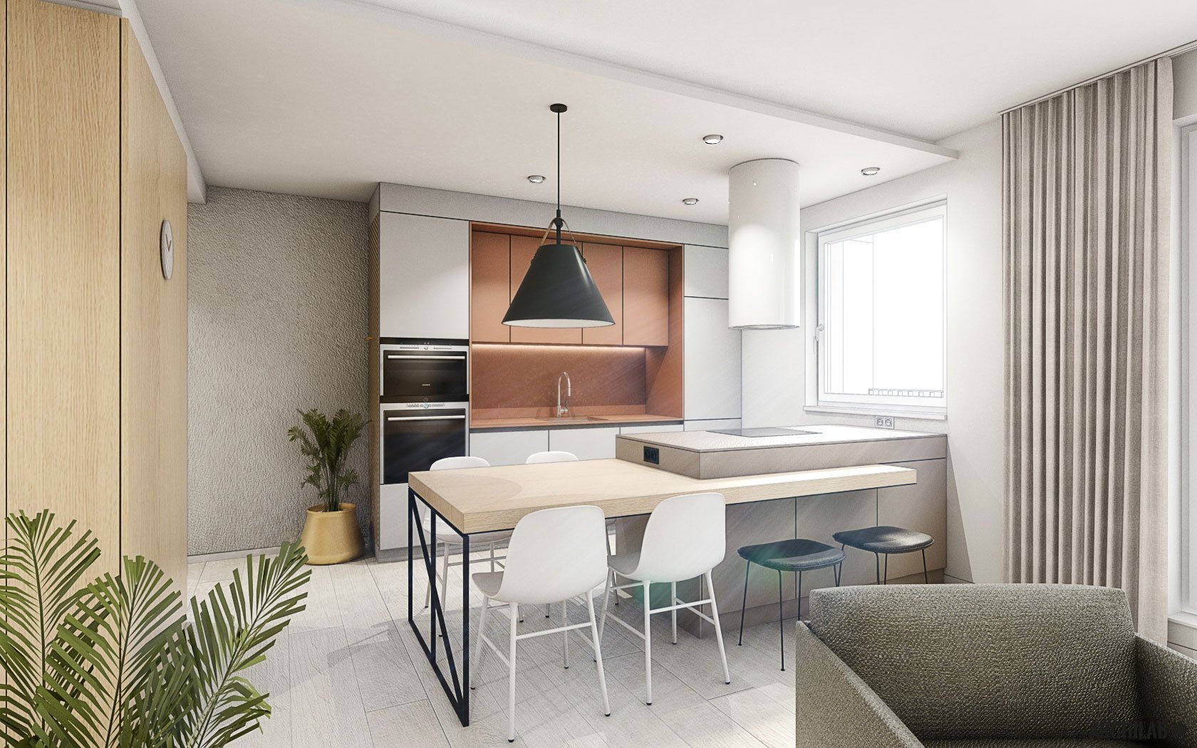 Kuchyňa tvorí ťažiskový prvok celého interiéru. Zámerne sme zvolili kombináciu jemnejších zemitých farieb a výraznejšej terakotovej farby.