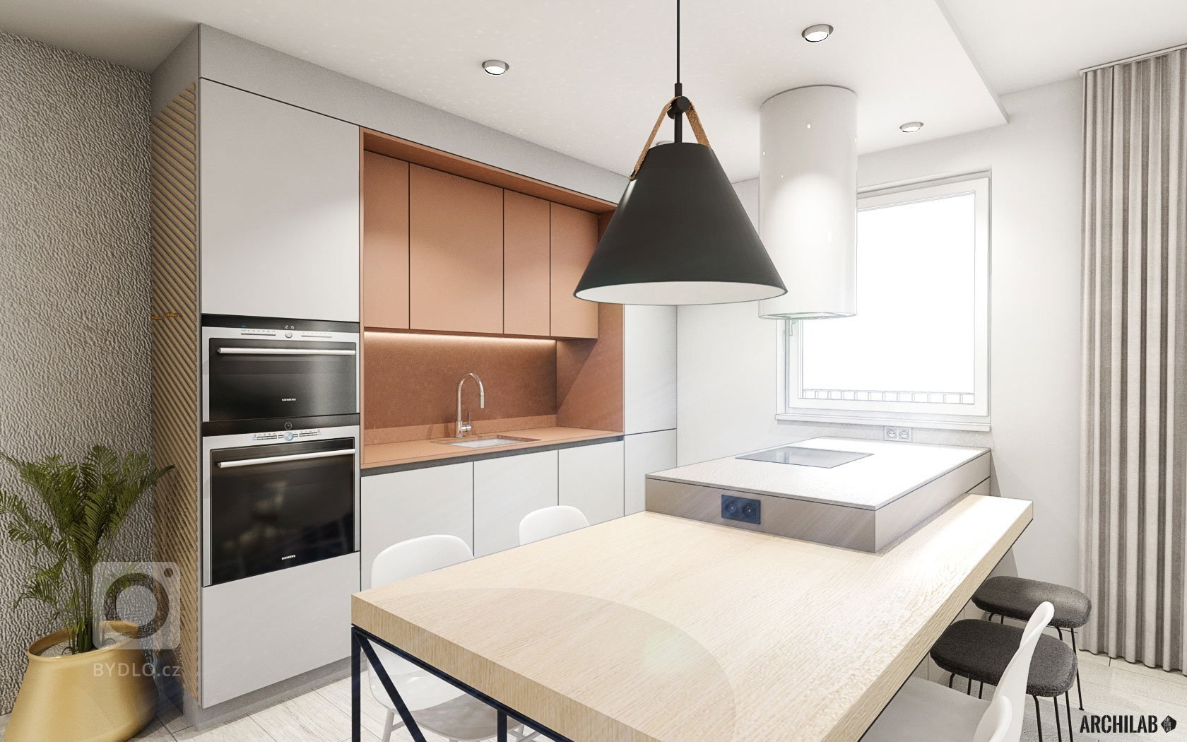 Kuchyňa tvorí ťažiskový prvok celého interiéru. Zámerne sme zvolili kombináciu jemnejších zemitých farieb a výraznejšej terakotovej farby.