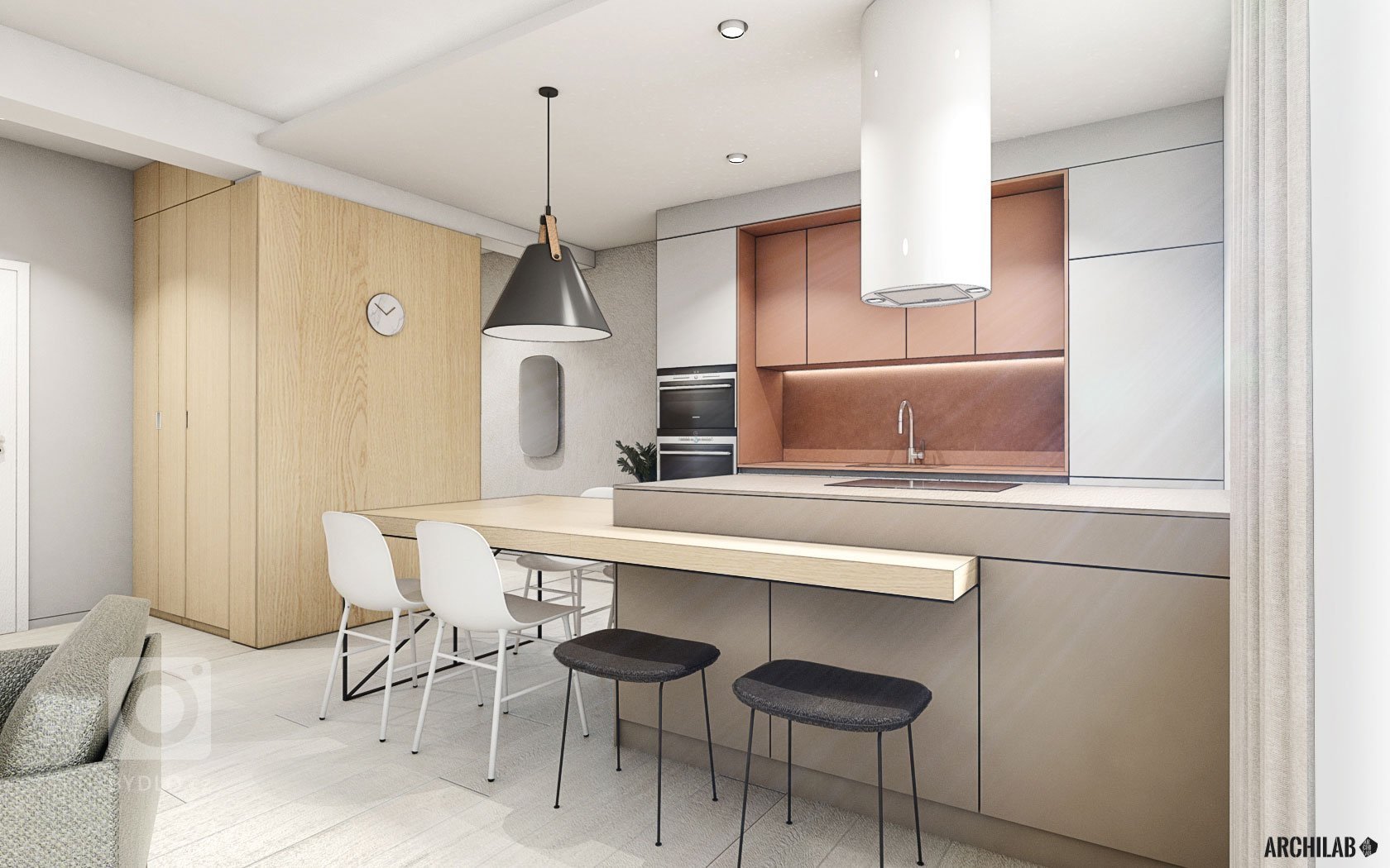 Kuchyňa tvorí ťažiskový prvok celého interiéru. Zámerne sme zvolili kombináciu jemnejších zemitých farieb a výraznejšej terakotovej farby. Jedálenský stôl prechádza plynule do barovej časti,