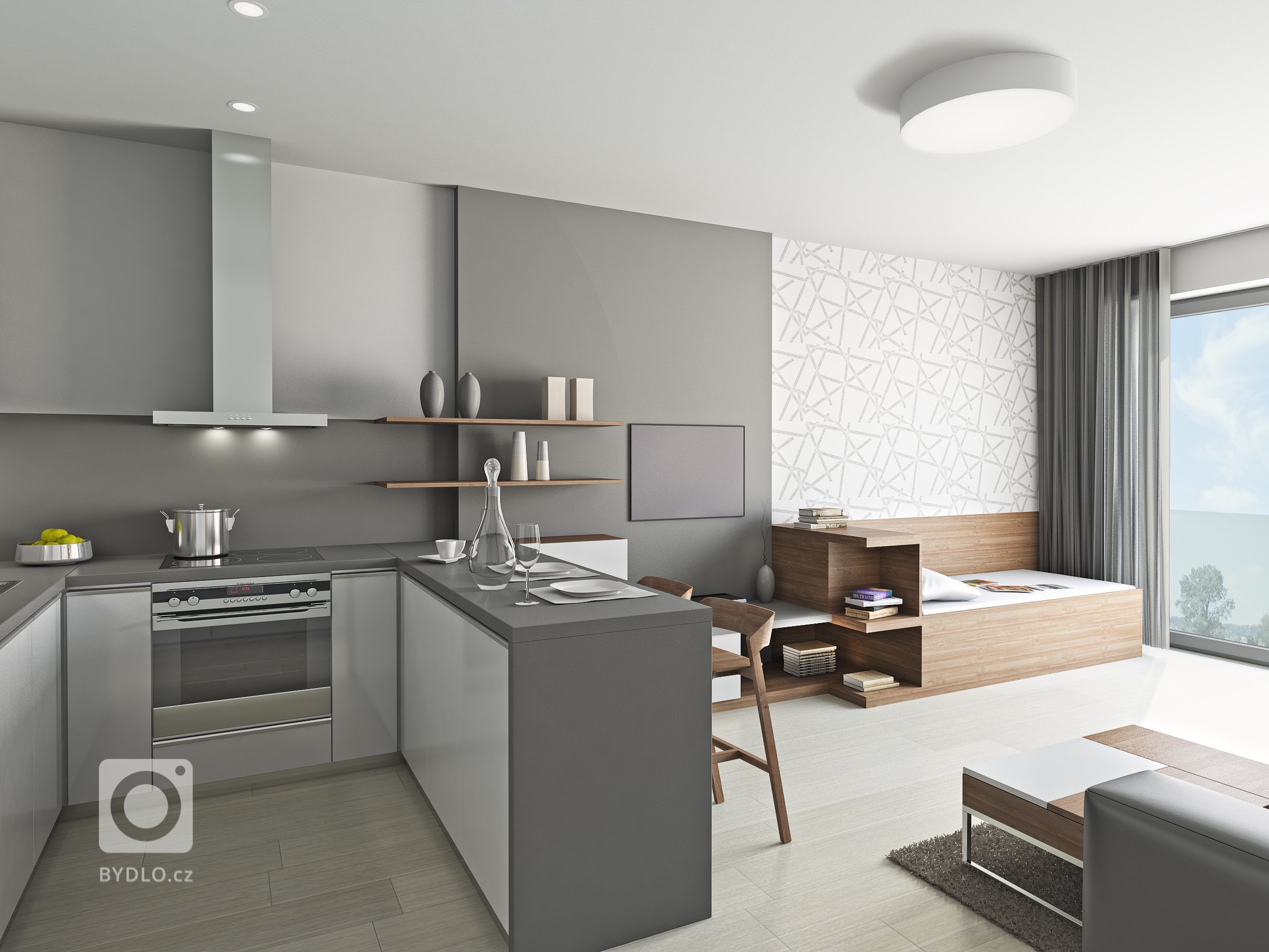 Vizualizace bytu 1+kk v připravovaném bytovém domě v Kroměříži. Na minimální ploše bylo třeba vyřešit obytný prostor s kuchyní i spaním. Použité materiály -…