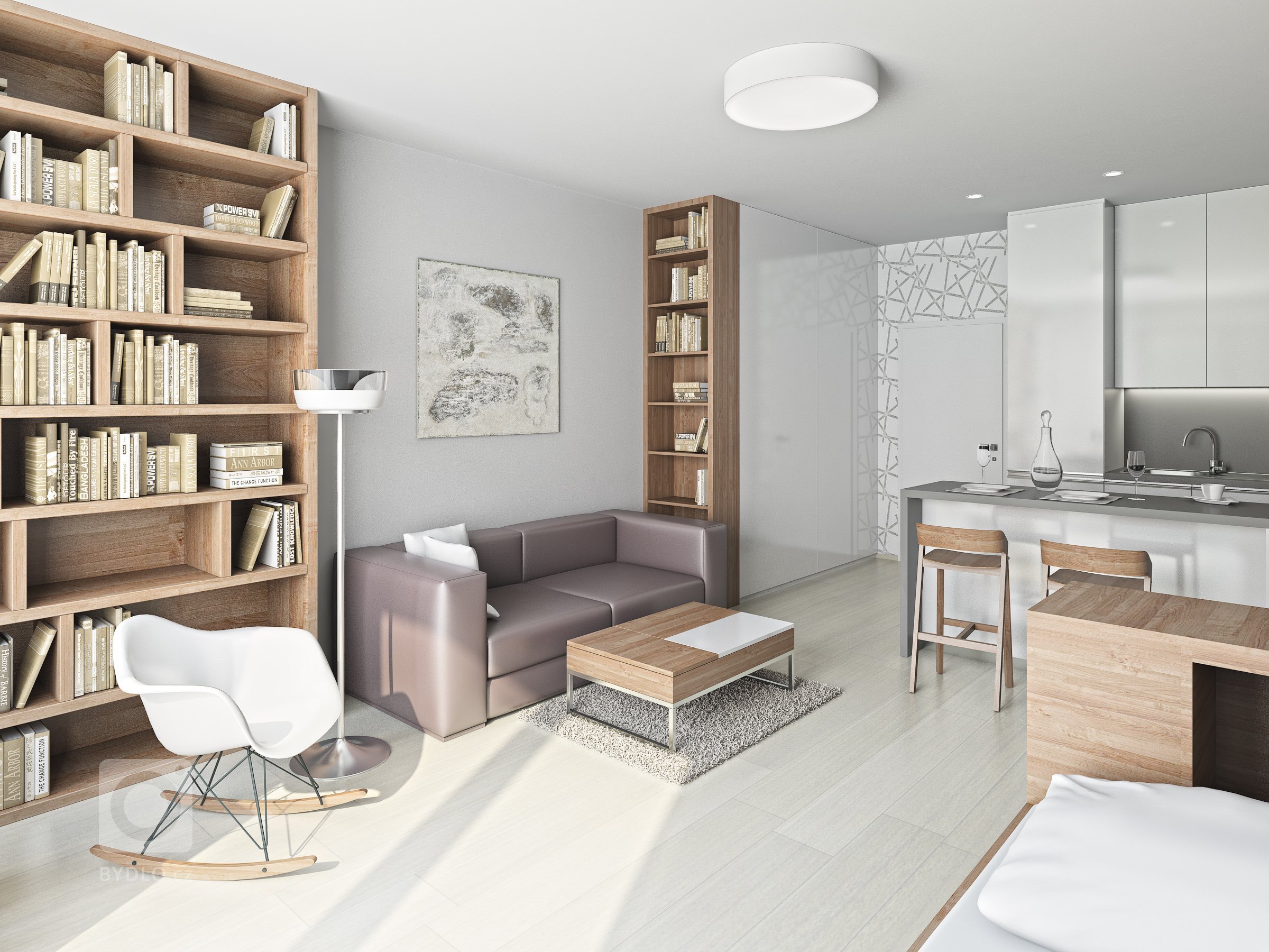 Vizualizace bytu 1+kk v připravovaném bytovém domě v Kroměříži. Na minimální ploše bylo třeba vyřešit obytný prostor s kuchyní i spaním. Použité materiály -…