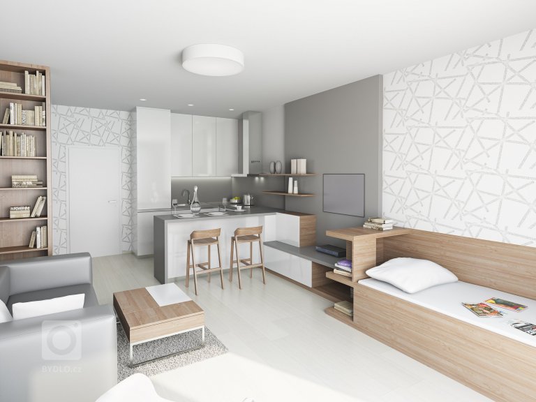 Vizualizace bytu 1+kk v připravovaném bytovém domě v Kroměříži. Na minimální ploše bylo třeba vyřešit obytný prostor s kuchyní i spaním. Použité materiály -…