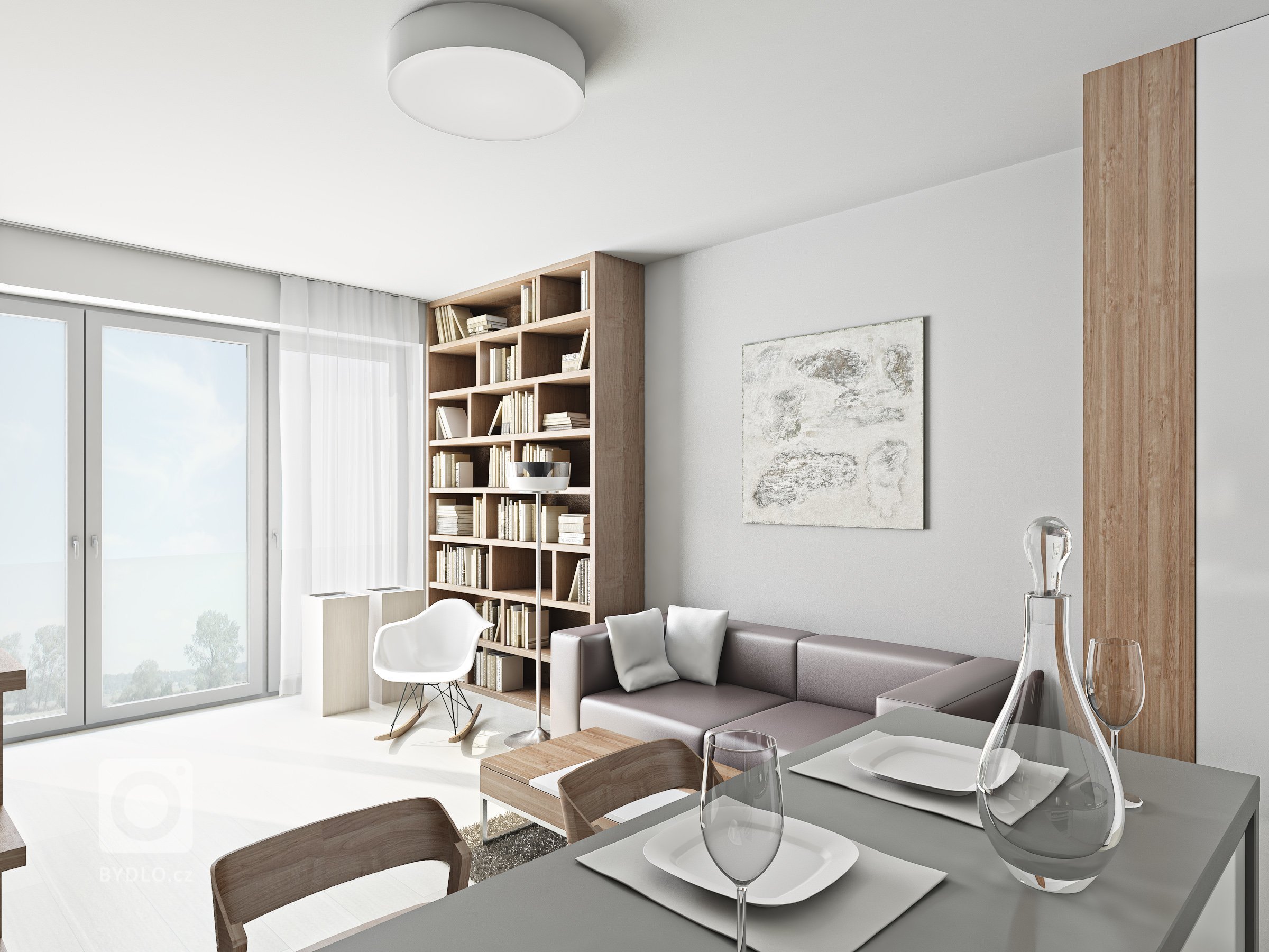 Vizualizace bytu 1+kk v připravovaném bytovém domě v Kroměříži. Na minimální ploše bylo třeba vyřešit obytný prostor s kuchyní i spaním. Použité materiály -…