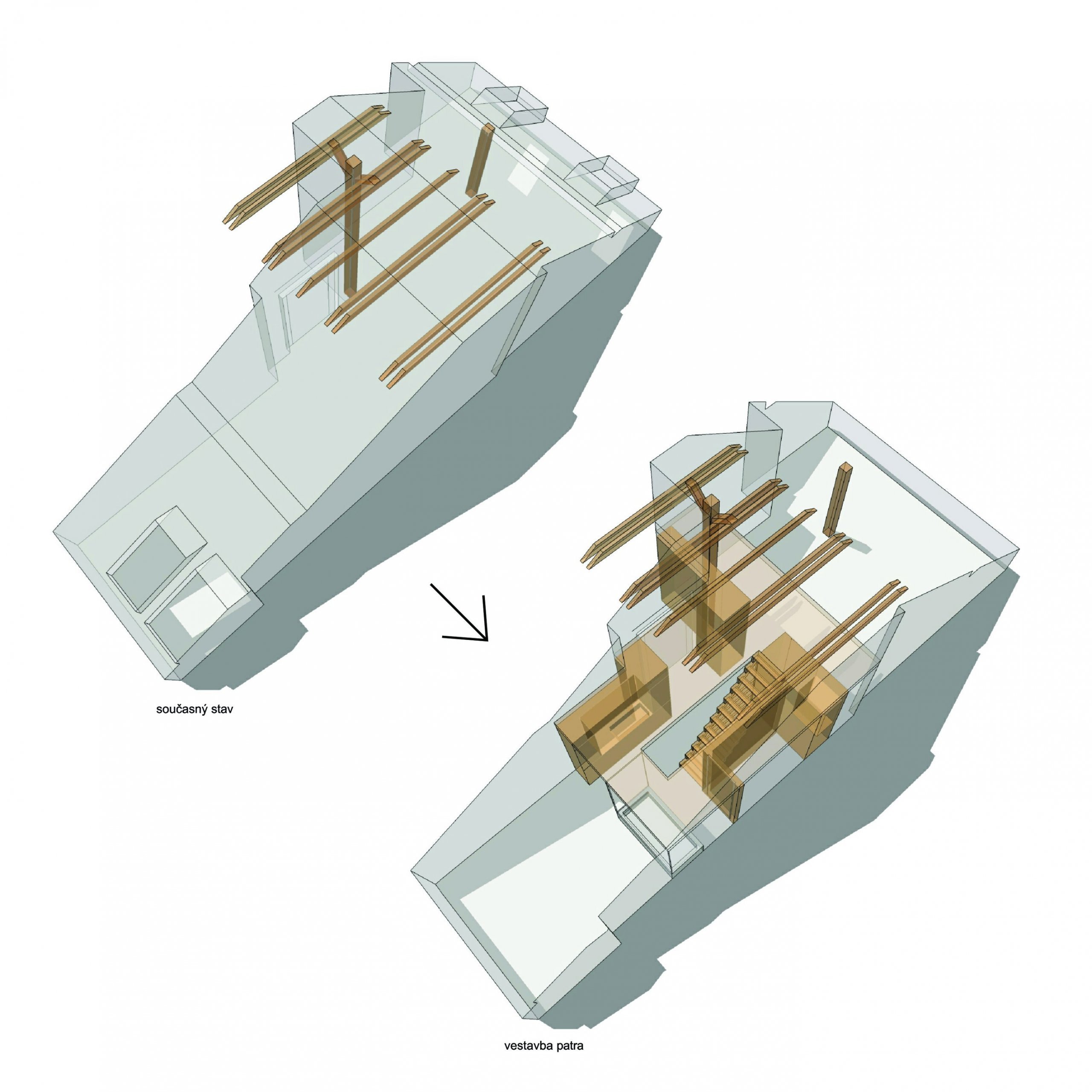 rekonstrukce malého podkrovního bytu, Praha
studie (2018)

