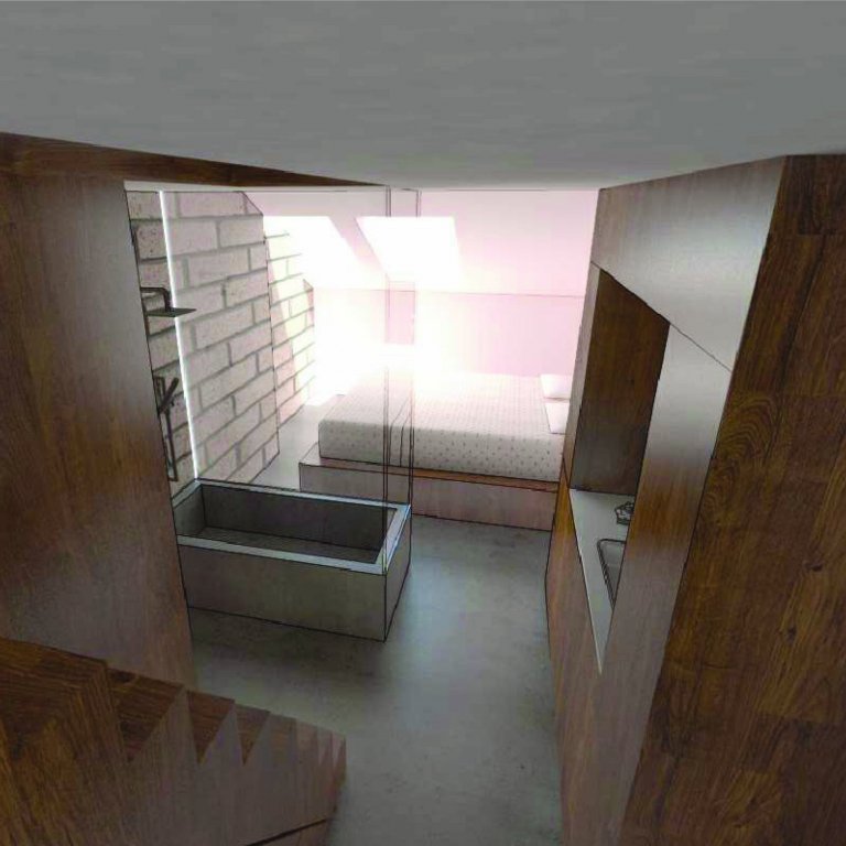 rekonstrukce malého podkrovního bytu, Praha
studie (2018)
