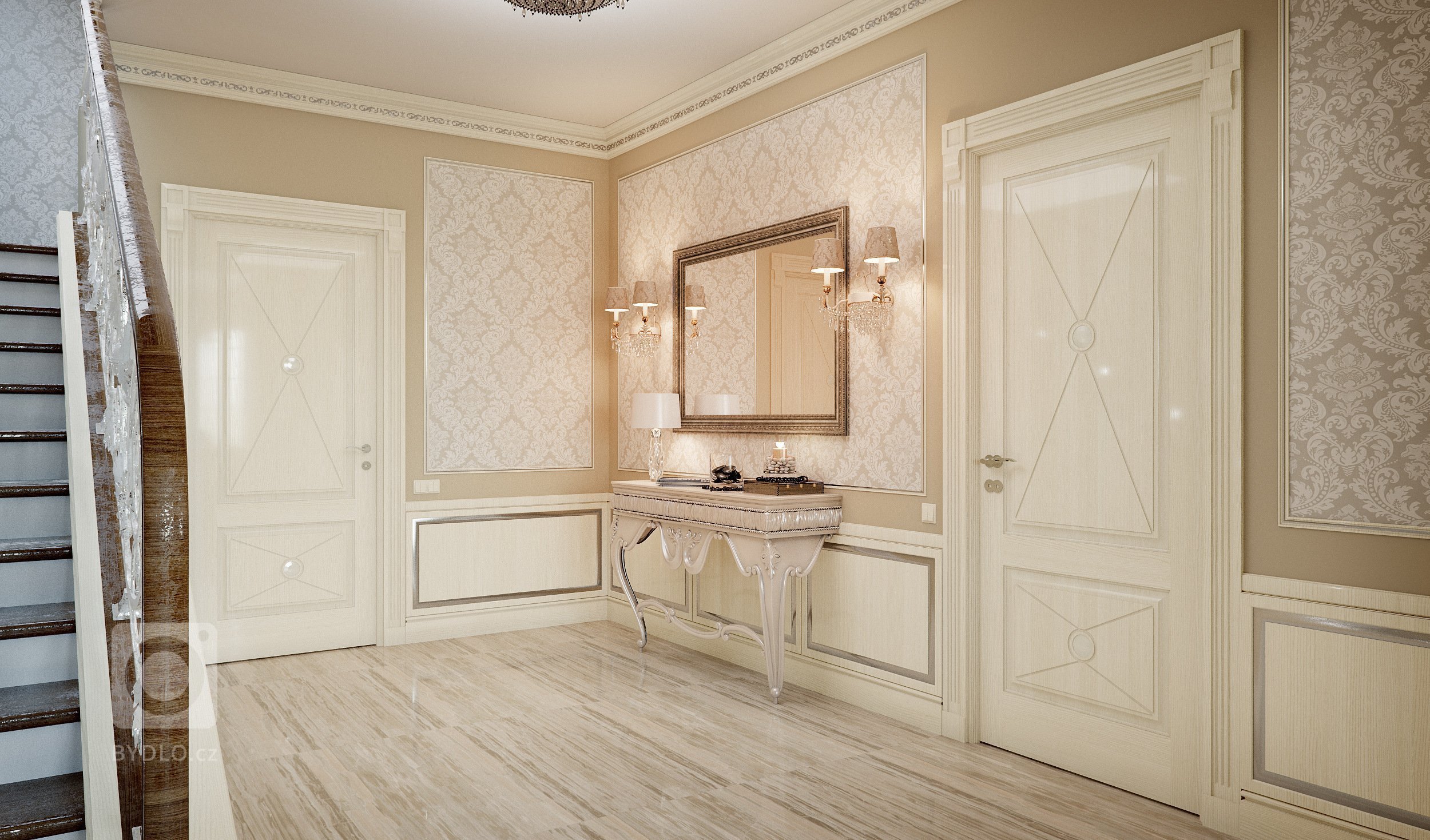 Privátní rezidence je řešená v klasickém stylu. Dřevěné obložení stěn "boiserie" přidává interiérům nádech luxusu, ale zároveň nepůsobí těžce díky…