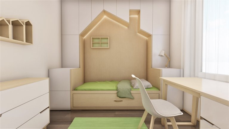 Do pokojíčku o rozměru 12 m2 jsme vytvořili dětské království. Je zde domečková postel s možností výsuvné přistýlky, psací stůl i prostorná skříň s komodou.…