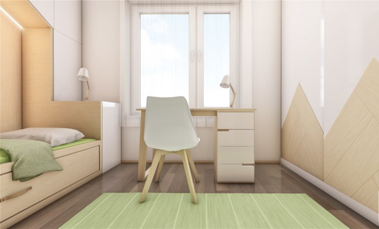 Do pokojíčku o rozměru 12 m2 jsme vytvořili dětské království. Je zde domečková postel s možností výsuvné přistýlky, psací stůl i prostorná skříň s komodou.…