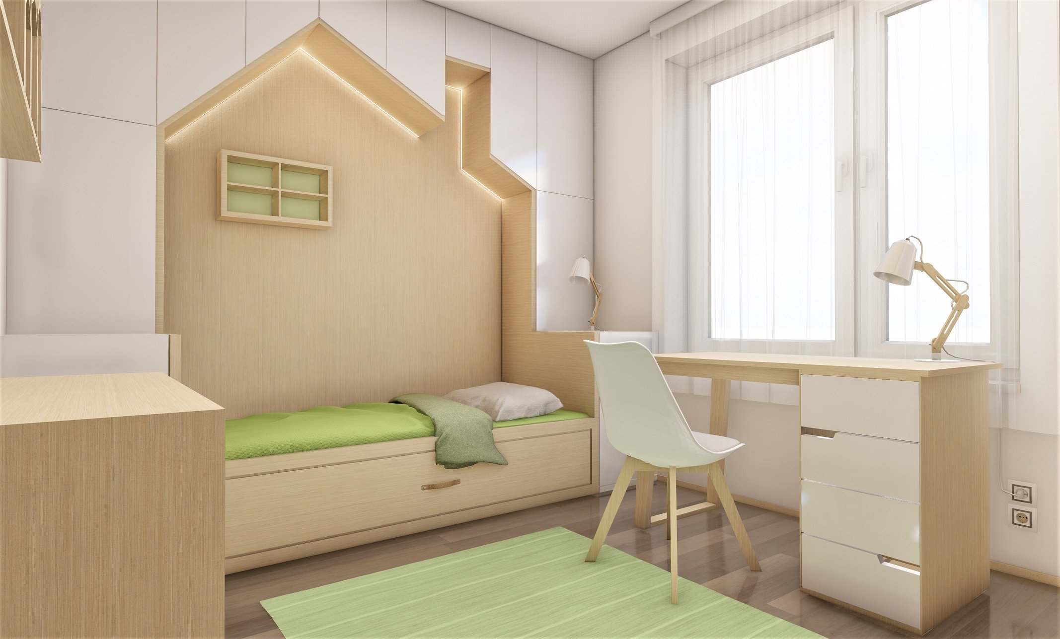 Do pokojíčku o rozměru 12 m2 jsme vytvořili dětské království. Je zde domečková postel s možností výsuvné přistýlky, psací stůl i prostorná skříň s komodou.…