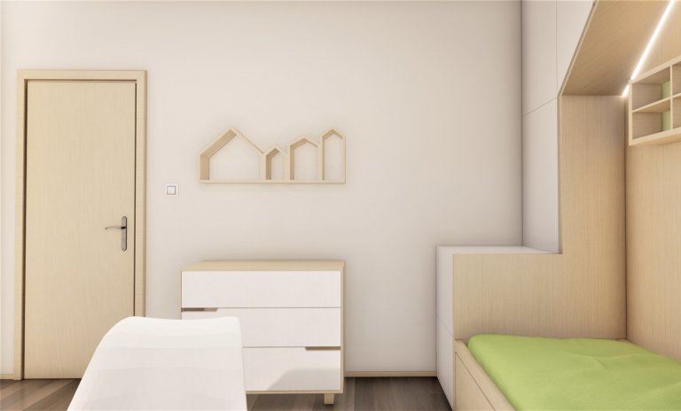 Do pokojíčku o rozměru 12 m2 jsme vytvořili dětské království. Je zde domečková postel s možností výsuvné přistýlky, psací stůl i prostorná skříň s komodou.…