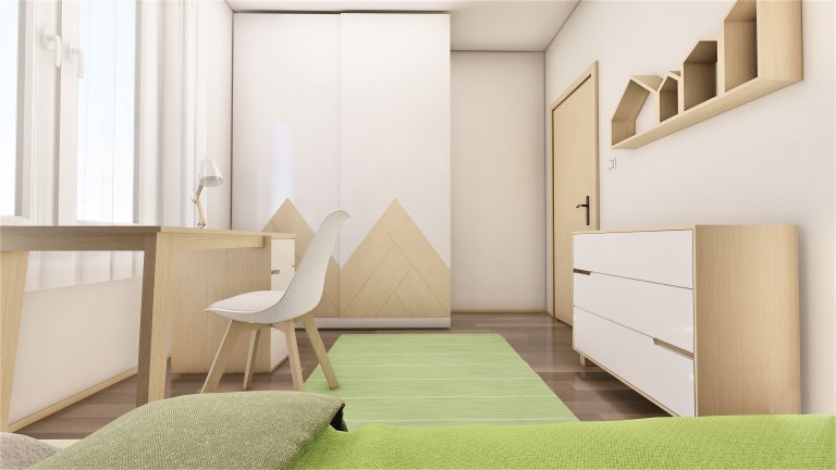 Do pokojíčku o rozměru 12 m2 jsme vytvořili dětské království. Je zde domečková postel s možností výsuvné přistýlky, psací stůl i prostorná skříň s komodou.…