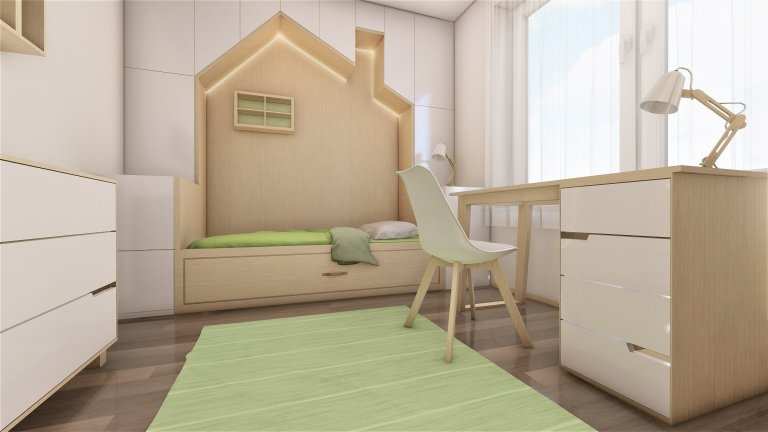 Do pokojíčku o rozměru 12 m2 jsme vytvořili dětské království. Je zde domečková postel s možností výsuvné přistýlky, psací stůl i prostorná skříň s komodou.…