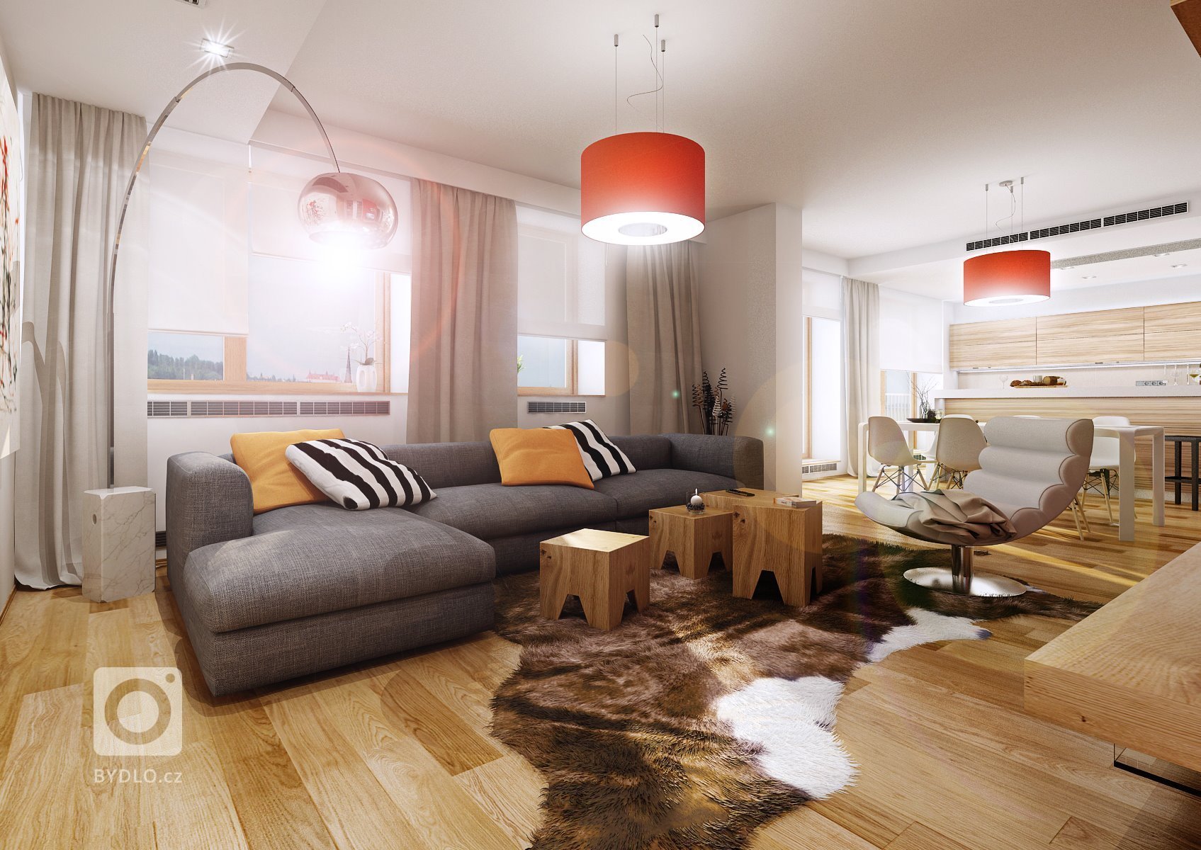Návrh luxusního apartmánu v novém bytovém domě v Brně. Elegantní krémová a bílá barva je v kontrastu s výrazným oranžovým benátským štukem na stěně s TV a…