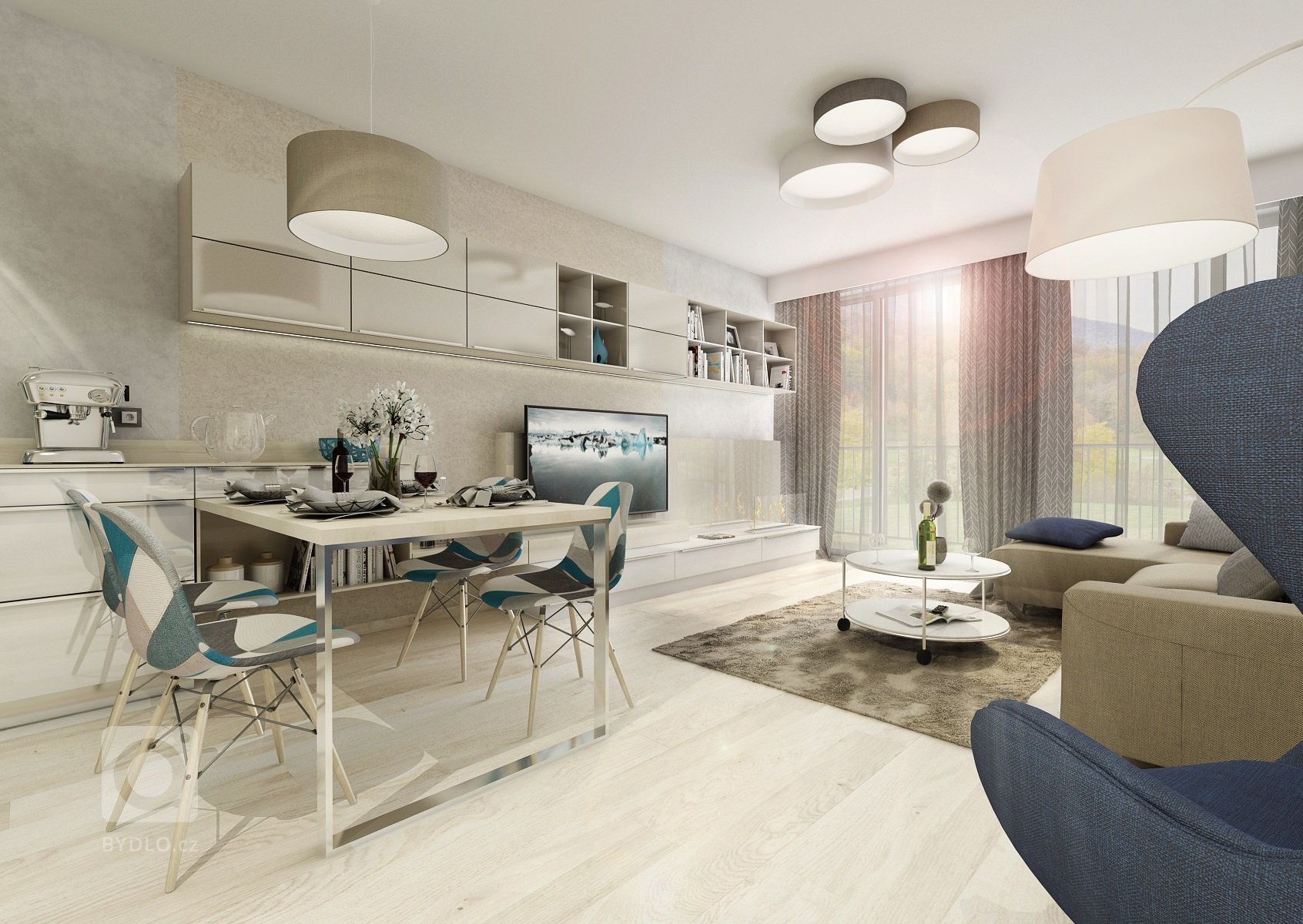 Brněnský byt je z&nbsp;většiny navržený v&nbsp;bílo-béžové kombinaci občas doplněné modrou a koňakovým dekorem dubu. V&nbsp;obývací části je kuchyňská linka…