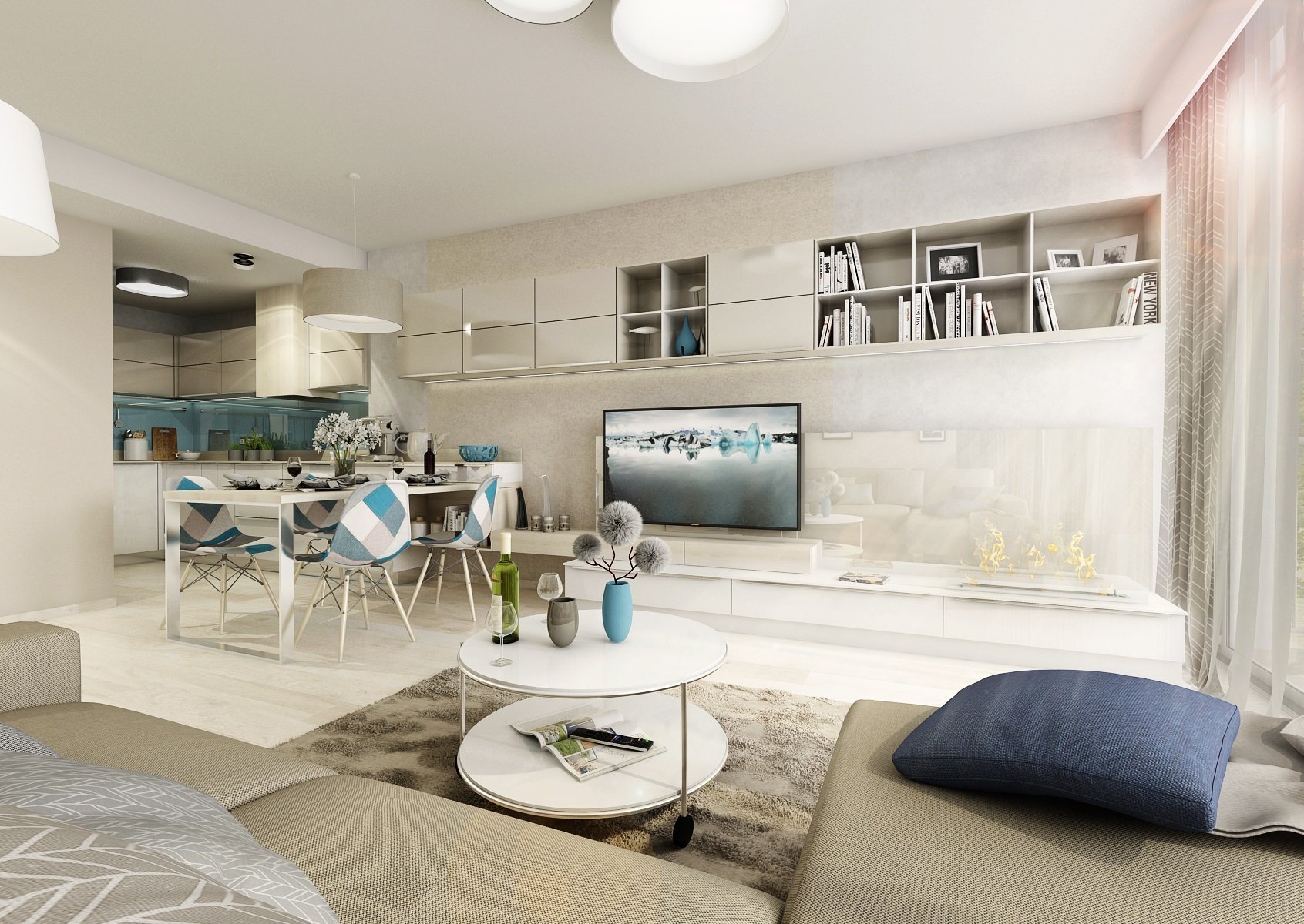 Brněnský byt je z&nbsp;většiny navržený v&nbsp;bílo-béžové kombinaci občas doplněné modrou a koňakovým dekorem dubu. V&nbsp;obývací části je kuchyňská linka…