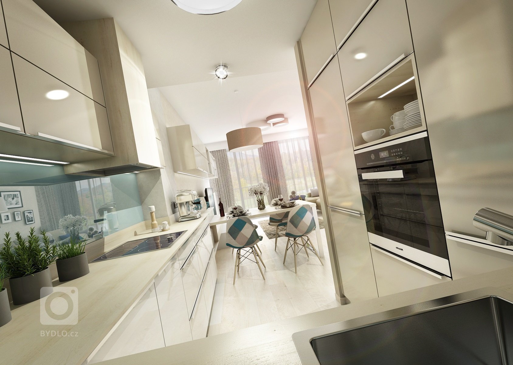 Brněnský byt je z&nbsp;většiny navržený v&nbsp;bílo-béžové kombinaci občas doplněné modrou a koňakovým dekorem dubu. V&nbsp;obývací části je kuchyňská linka…