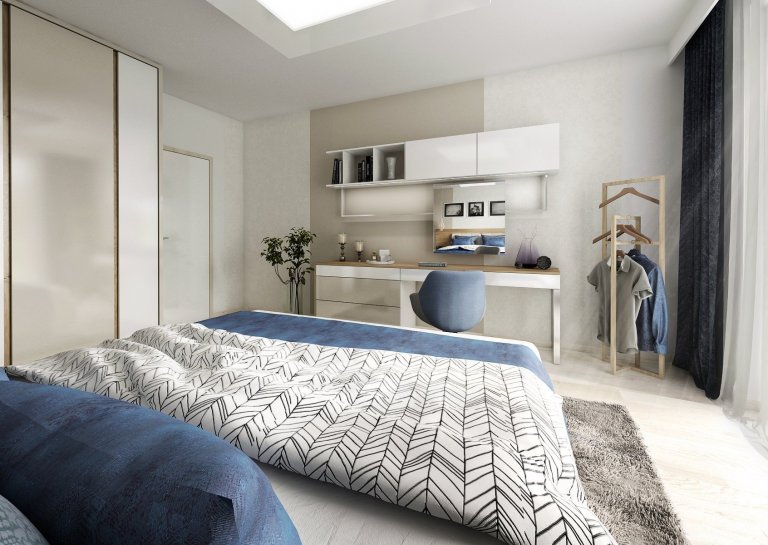 Brněnský byt je z&nbsp;většiny navržený v&nbsp;bílo-béžové kombinaci občas doplněné modrou a koňakovým dekorem dubu. V&nbsp;obývací části je kuchyňská linka…