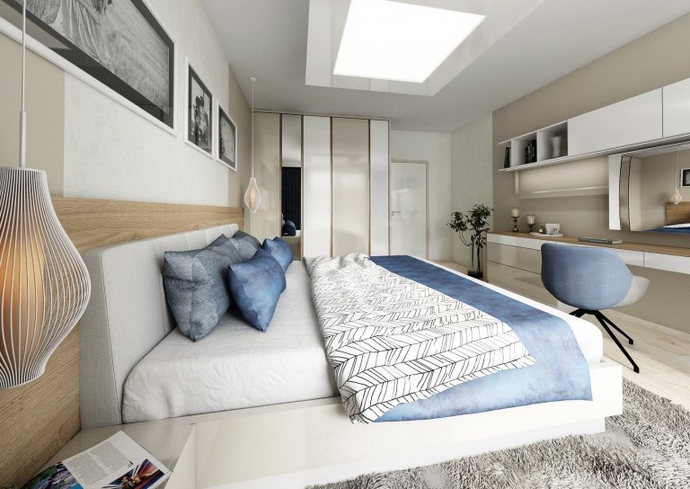 Brněnský byt je z&nbsp;většiny navržený v&nbsp;bílo-béžové kombinaci občas doplněné modrou a koňakovým dekorem dubu. V&nbsp;obývací části je kuchyňská linka…