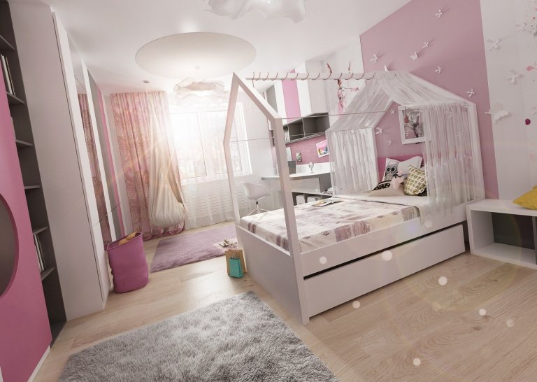 Dva pokoje pro dvě sestry vzájemně propojené průchodem skrz skříně. Pokoj starší dívky je v&nbsp;růžové, antracitové a bílé barvy. Nad postelí je rámová…