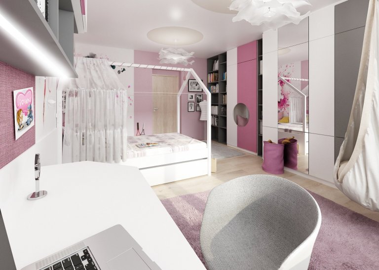 Dva pokoje pro dvě sestry vzájemně propojené průchodem skrz skříně. Pokoj starší dívky je v&nbsp;růžové, antracitové a bílé barvy. Nad postelí je rámová…