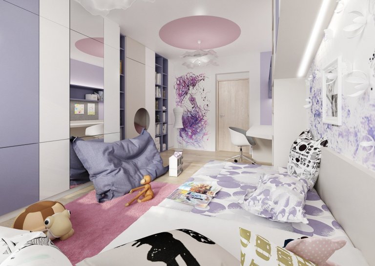 Dva pokoje pro dvě sestry vzájemně propojené průchodem skrz skříně. Pokoj starší dívky je v&nbsp;růžové, antracitové a bílé barvy. Nad postelí je rámová…