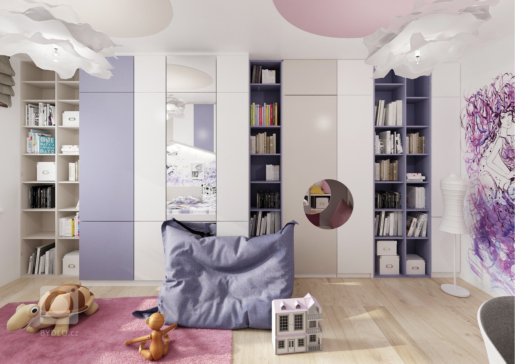 Dva pokoje pro dvě sestry vzájemně propojené průchodem skrz skříně. Pokoj starší dívky je v&nbsp;růžové, antracitové a bílé barvy. Nad postelí je rámová…