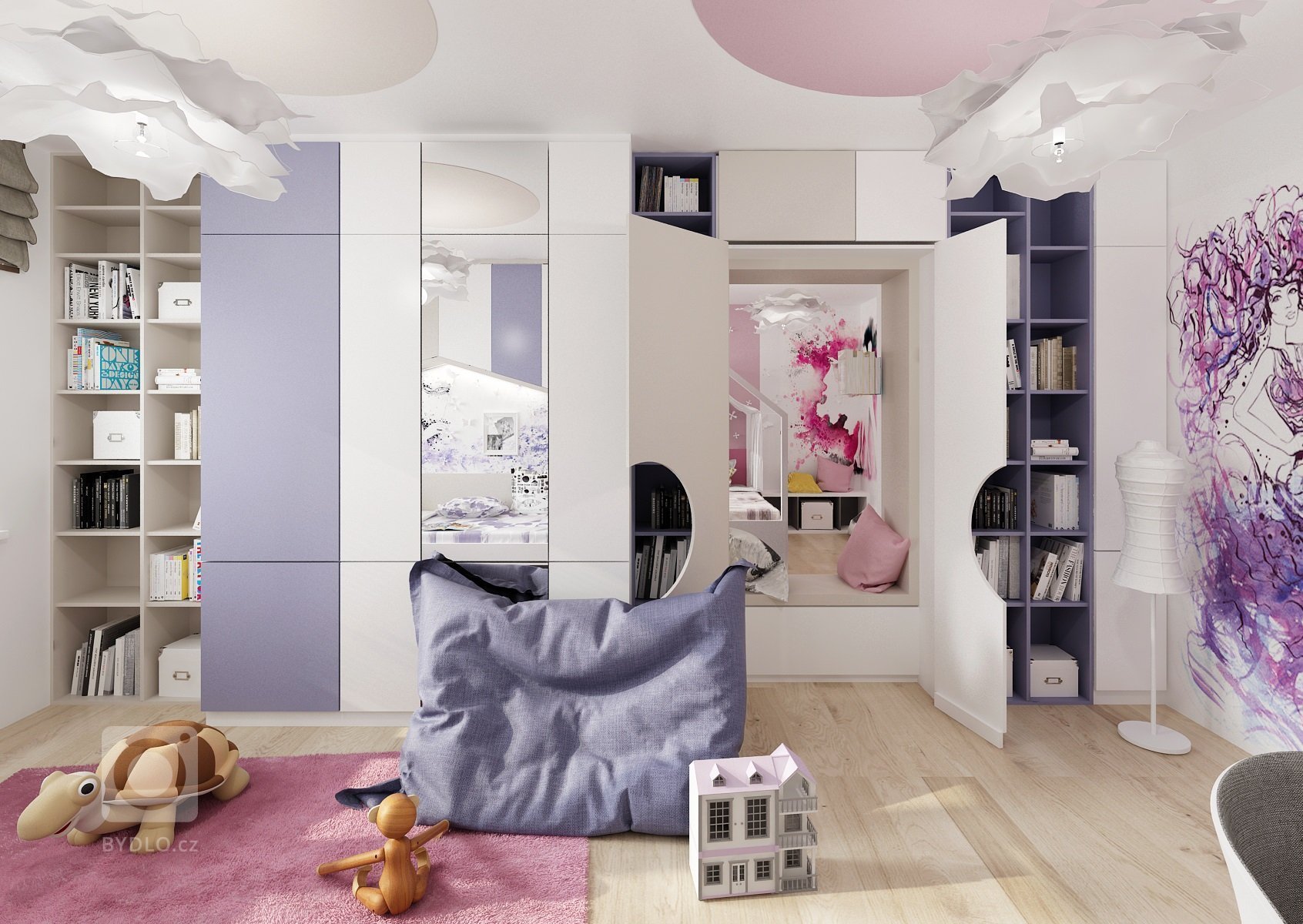 Dva pokoje pro dvě sestry vzájemně propojené průchodem skrz skříně. Pokoj starší dívky je v&nbsp;růžové, antracitové a bílé barvy. Nad postelí je rámová…