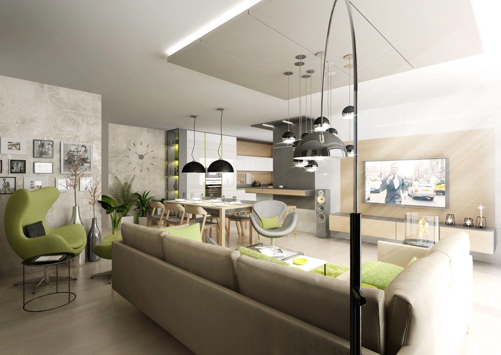 Doplňky a detaily, jako třeba lakované úchytkové profily na kuchyňské lince, ve svěže zelené barvě jsme použili pro oživení interiéru ve&nbsp;variantě návrhu s…