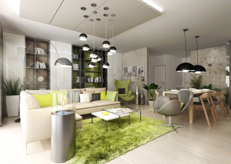 Doplňky a detaily, jako třeba lakované úchytkové profily na kuchyňské lince, ve svěže zelené barvě jsme použili pro oživení interiéru ve&nbsp;variantě návrhu s…