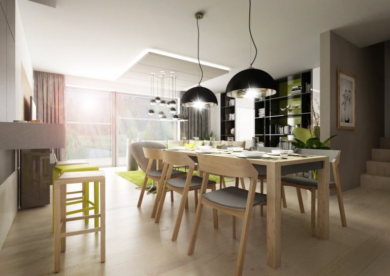 Doplňky a detaily, jako třeba lakované úchytkové profily na kuchyňské lince, ve svěže zelené barvě jsme použili pro oživení interiéru ve&nbsp;variantě návrhu s…