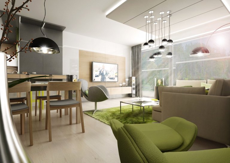 Doplňky a detaily, jako třeba lakované úchytkové profily na kuchyňské lince, ve svěže zelené barvě jsme použili pro oživení interiéru ve&nbsp;variantě návrhu s…