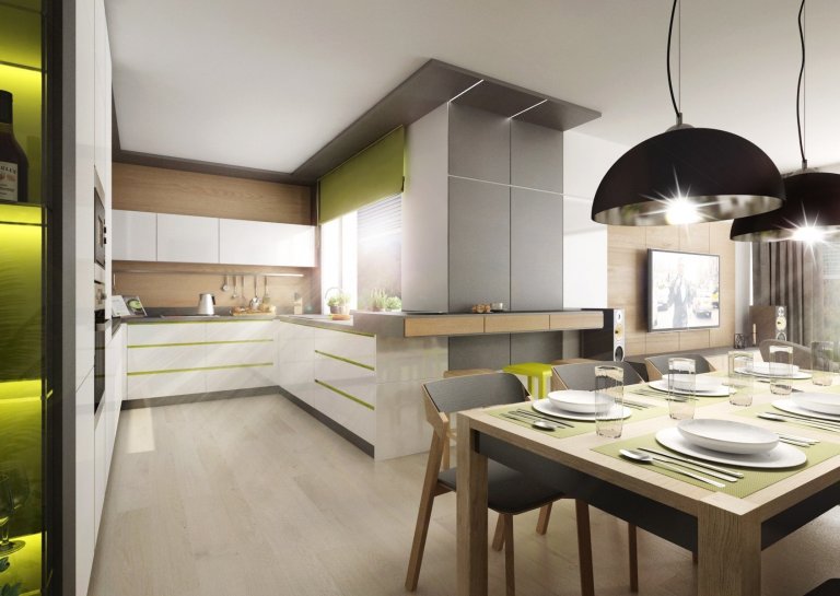 Doplňky a detaily, jako třeba lakované úchytkové profily na kuchyňské lince, ve svěže zelené barvě jsme použili pro oživení interiéru ve&nbsp;variantě návrhu s…