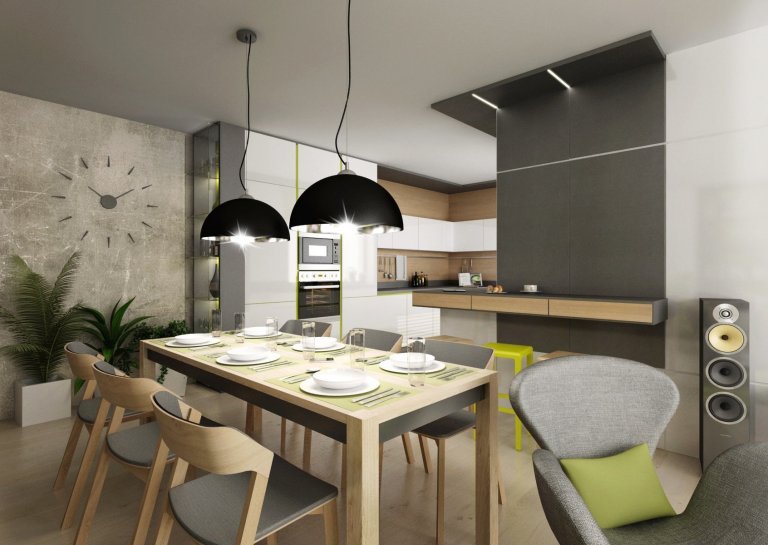 Doplňky a detaily, jako třeba lakované úchytkové profily na kuchyňské lince, ve svěže zelené barvě jsme použili pro oživení interiéru ve&nbsp;variantě návrhu s…