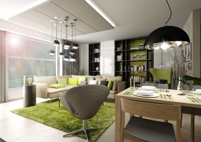 Doplňky a detaily, jako třeba lakované úchytkové profily na kuchyňské lince, ve svěže zelené barvě jsme použili pro oživení interiéru ve&nbsp;variantě návrhu s…