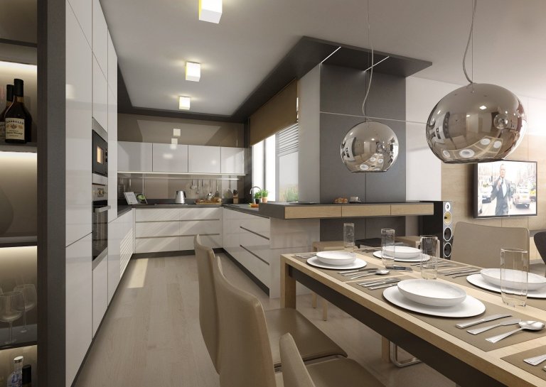 Doplňky a detaily, jako třeba lakované úchytkové profily na kuchyňské lince, ve svěže zelené barvě jsme použili pro oživení interiéru ve&nbsp;variantě návrhu s…