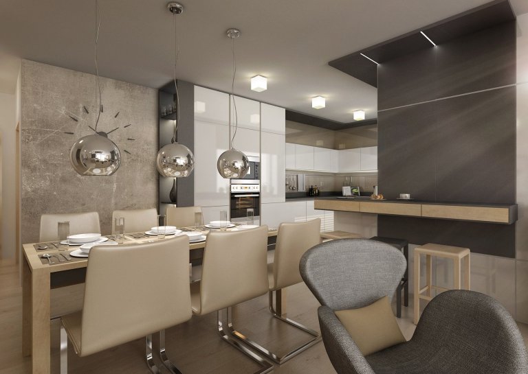 Doplňky a detaily, jako třeba lakované úchytkové profily na kuchyňské lince, ve svěže zelené barvě jsme použili pro oživení interiéru ve&nbsp;variantě návrhu s…