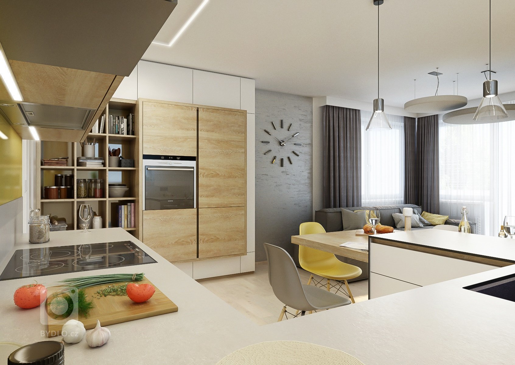 Do interiéru menšího obývacího pokoje s kuchyní jsme neumístili klasicky samostatný jídelní stůl, ale vytvořili prostor ke stolování kolem ostrůvku kuchyňské…