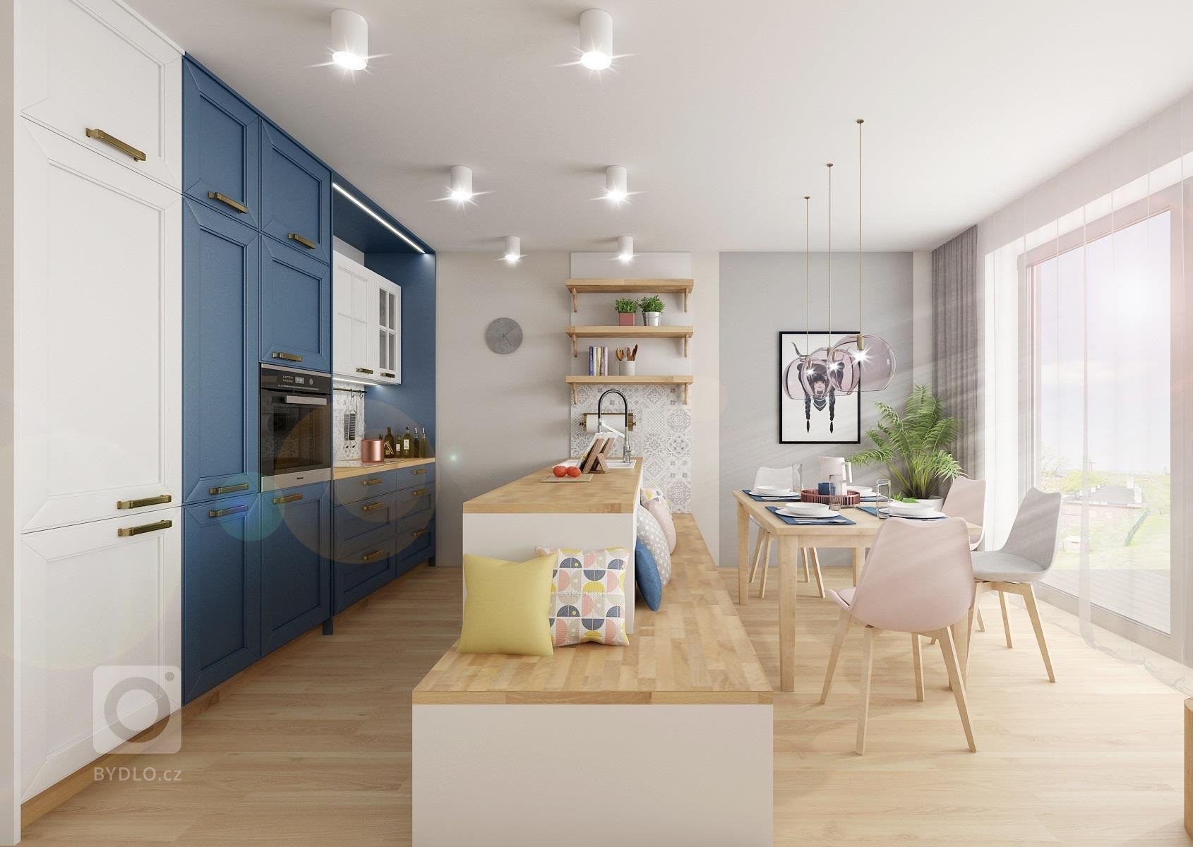 Dvě varianty návrhu kuchyně s&nbsp;retro kazetovými dvířky ve svěžím provedení modré, bílé a pracovních ploch z&nbsp;dubové spárovky. Na stěny u pracovních…