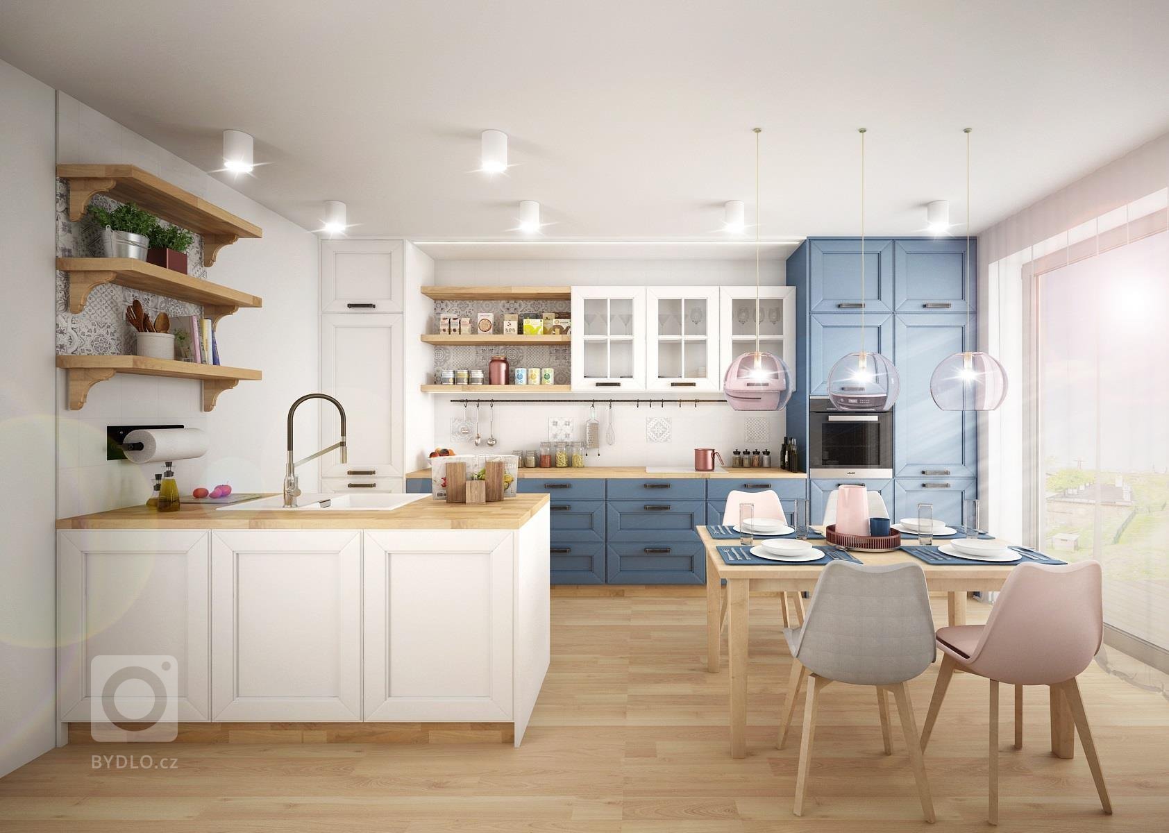 Dvě varianty návrhu kuchyně s&nbsp;retro kazetovými dvířky ve svěžím provedení modré, bílé a pracovních ploch z&nbsp;dubové spárovky. Na stěny u pracovních…
